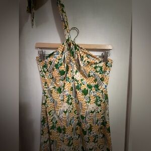 Zara size small yellow and green printed halter neck dress with adjustable tie